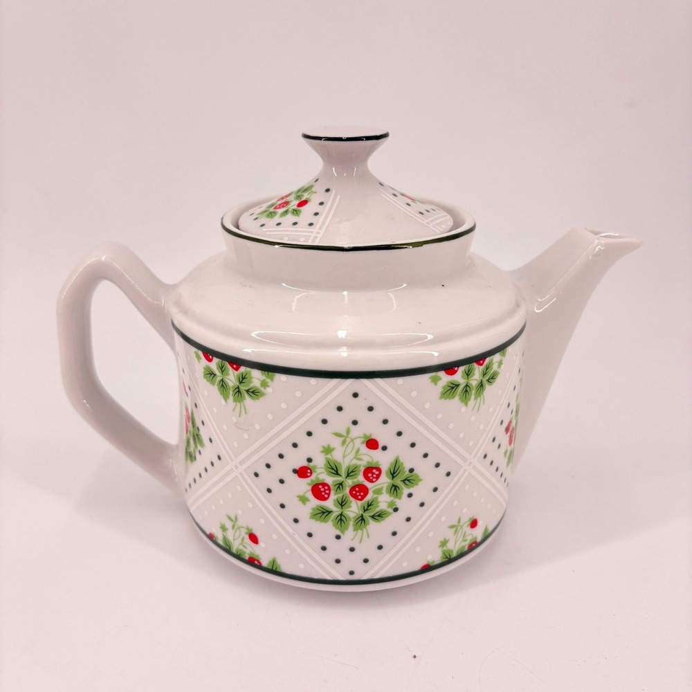 Enesco Swiss Strawberry Dot Teapot 1975‎ Vintage Ceramic Kitchenware